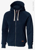 A navy blue hooded jacket with a full front zip, featuring a logo and made from organic cotton.