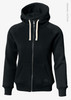 A black hoodie featuring a zip front, drawstrings, and a logo on the pocket. Made from organic cotton.