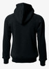 A black women's hoodie featuring a hood and ribbed cuffs, with a logo on the back.
