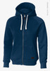 A navy blue zip-up hoodie with a hood and front pockets, featuring a logo on the fabric.