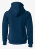 A navy blue hoodie with a kangaroo pocket and a hood, featuring a logo on the back.