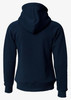A navy blue hoodie with a hood, featuring a fitted design and ribbed cuffs, displaying a logo on the back.
