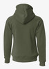 A women's hoodie in olive green with a hood and a fitted design, featuring a logo.