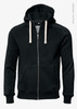 A black zip-up hoodie with a hood, featuring a front pocket and contrasting drawstrings. Includes a logo.