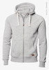 A grey hoodie with a zip front, drawstring hood, and a logo. Made from organic cotton.