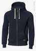 A navy hoodie jacket with a zip front, drawstring hood, and a small branding label. Made from organic cotton.