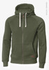 A green zip-up hoodie with a hood, featuring a front pocket and a small logo.