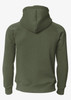 A green hoodie with a fitted hood and long sleeves, featuring a simple design on the back.