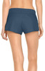 A pair of women's swim shorts in navy blue, featuring an elastic waistband and a small pocket at the back.