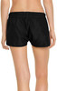 A pair of black women's swim shorts with an elastic waistband, featuring a logo.