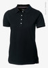 A black polo shirt made from organic cotton, featuring a collar and button placket, with a logo present.