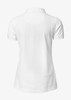 A white women's polo shirt with a classic design and a logo on the back.