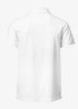 A white polo shirt with a classic design and a branded logo on the back.