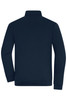 A navy men's track jacket featuring a high collar and long sleeves, with a logo on the back.