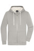 A grey double-faced jacket with a zip-up front and a hood, featuring a soft inner lining and pockets.
