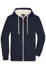 A navy blue men's zip-up jacket featuring a hood and a plush interior lining. It has a logo on the chest.
