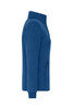 A side view of a blue bonded fleece jacket with a high collar and a zippered pocket. It features a logo.