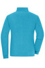 A turquoise bonded fleece jacket, featuring long sleeves and a high collar, with a logo on the back.