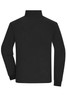 A black men's bonded fleece jacket featuring a high collar and long sleeves, with a logo on the back.