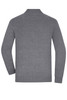 A grey knitted jumper with a half-zip collar and long sleeves, featuring a logo.
