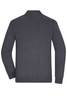 A men's zip cardigan in dark grey, featuring long sleeves and a high collar, with a logo on the back.