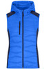 A blue ladies' hybrid vest with a hood, featuring a zip front and side panels in a darker shade.