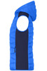 A blue hybrid vest with a hood, featuring a quilted design and contrast side panel. It includes a logo.