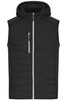 A black hybrid vest with a hood, featuring zippered pockets and a sleek design, including branding.