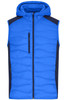 A blue hybrid vest with a hood, featuring a zip front and dark blue side panels, and a small zip pocket.