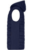 A navy blue men's hybrid vest featuring a padded design and an open armhole style.