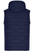 A navy blue men's hybrid vest with a hood, featuring a quilted design on the back and branding.