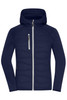 A navy hybrid jacket with a zip front and hood, featuring grey accents and a logo on the chest.