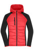 A red and black ladies hybrid jacket with a hood and zippered pockets. Features a puffy body and fitted sleeves.