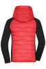 A red and black ladies hybrid jacket featuring a hood and a quilted design on the back. It has a logo on the fabric.