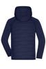 A navy blue men's hybrid jacket with a hood and a quilted design on the back. It features a logo.