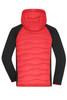 A hybrid jacket featuring a red, padded front with black sleeves and a hood. It has a logo on the chest area.