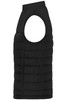 A black padded vest with an open arm design, featuring a side zip pocket and a logo.