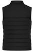 A black ladies' padded vest featuring a quilted design and a collar, with a logo on the back.