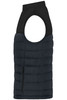 A black padded vest with an open arm design and a side zip pocket, featuring a logo.