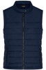 A navy padded vest with a high collar, zip closure, and side zip pockets, featuring a logo.