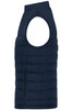 A navy ladies padded vest with an open shoulder design and a zippered side pocket, featuring a logo.