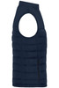 A navy padded vest with a sleeveless design and a side zip pocket, featuring a logo.