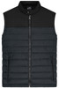 A men's padded vest in black, featuring a zip closure and a collar, with a logo on the front.