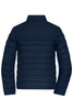 A navy padded puffer jacket featuring a quilted design and a collared neck. It has a logo on the back.