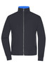 A navy blue ladies blouson jacket featuring a zippered front and side pockets. It has a high collar and fitted cuffs.