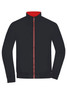 A black jacket with a red inner lining and a front zipper. It features long sleeves and a collar. Branding present.