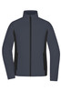 A stretch fleece jacket in navy blue with black side panels and a zip front, featuring a logo.