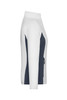 A side view of a women's stretch fleece jacket in white and navy, featuring a pocket and logo.