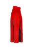 A side view of a red and black men's stretch fleece jacket featuring a high collar and a logo.