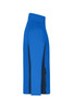 A blue men's stretch fleece jacket with black side panels, featuring a high collar and a branding logo.